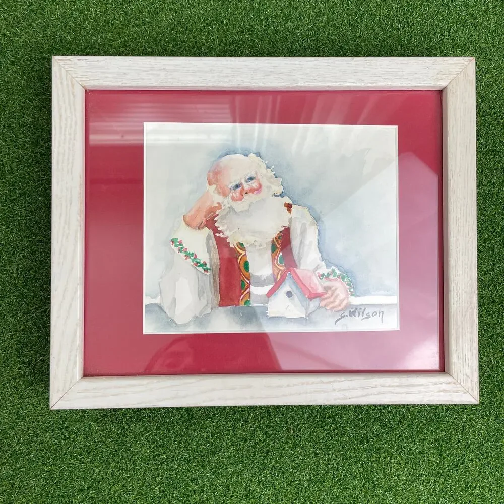 Vintage Susie Wilson Santa Claus Framed Watercolor Painting